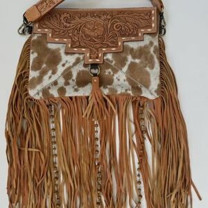 Elegant Tan and Brown Fringed Shoulder Bag